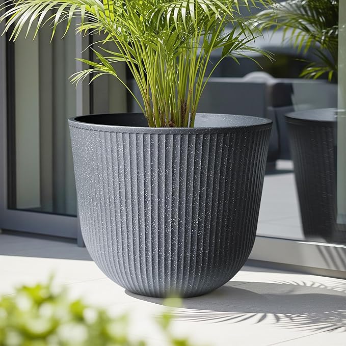 WORTH Garden Round Large Planter Pot Set of 2-17.5" Dia x 15.5" H - Durable Plastic Grey Plant Tree Pots with Vertical Stripe Textured Finish, Drainage Hole for Indoor, Outdoor, Front Porch, Patio