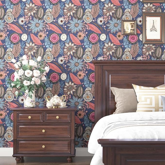 Blue Pink Wallpaper Peel and Stick, Vintage Boho Floral Contact Paper 17.5" x - Image 2