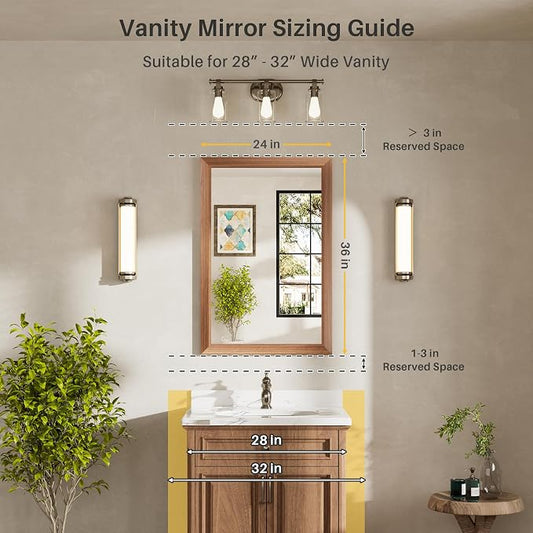 24x36 Inch Bathroom Mirror for Wall, Anti-Rust Walnut Wood Grain Metal Framed - Image 2