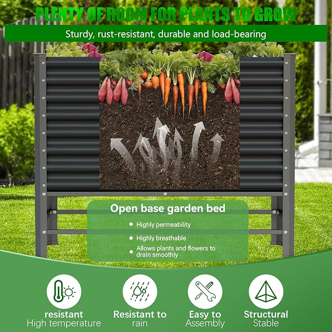 Doniks Raised Garden Bed with Legs, 48×24×37in Large Outdoor Metal Galvanized Garden Planting Box,900lb Capacity for Vegetables Lawn Green Flowers, Fruits, Terrace