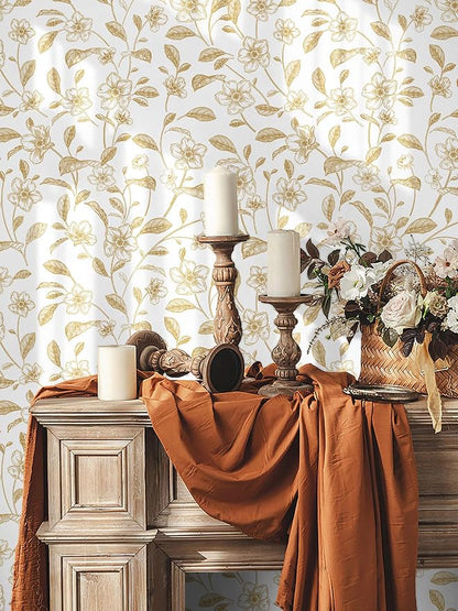 Heroad Floral Wallpaper Peel and Stick White and Gold Contact Paper Boho Peel - Image 9