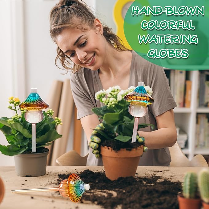Plant Watering Globes Mushroom, Rainbow Gradient Color Glass Watering Bulbs, Self Watering Planter Insert, Self Watering Globes - Plant Watering Devices for Travel Vacation (2 PCS)