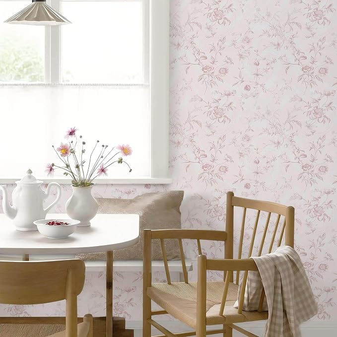 Ismoon Peel and Stick Wallpaper Floral Pink Stick on Wall Paper Vintage French - Image 7