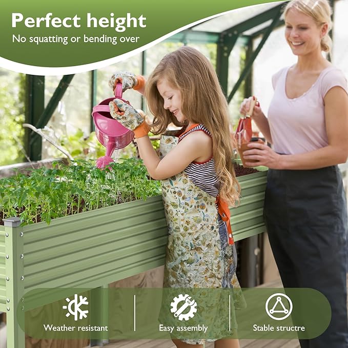 Raised Garden Bed with Legs, 48×24×32in Large Galvanized Elevated Planter Box, Metal Raised Beds for Gardening Backyard Patio Balcony, 400lb Capacity (Olive Green)
