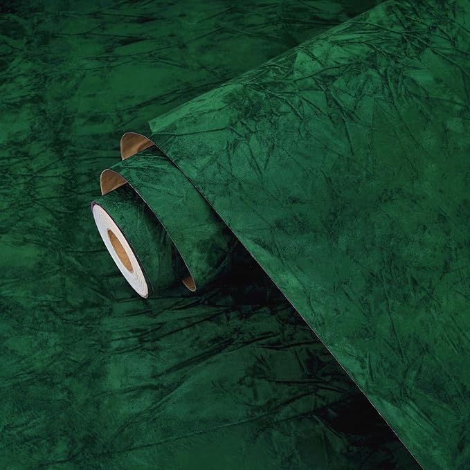 Wallercity Green Floral Leaves Felt Fabric Wallpaper Peel and Stick Soft Velvet by Wallercity
