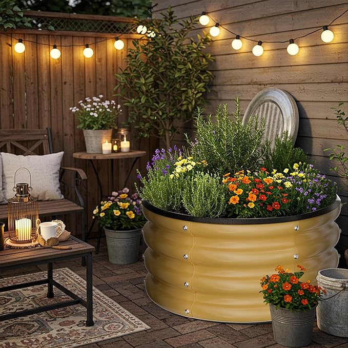 ZXZYHFTY Round Galvanized Raised Garden Bed kit,Yellow Outdoor Garden Raised Planter Box, Round Large Metal Raised Garden Beds for Vegetable 2 * 2 * 1ft 2 Pcs