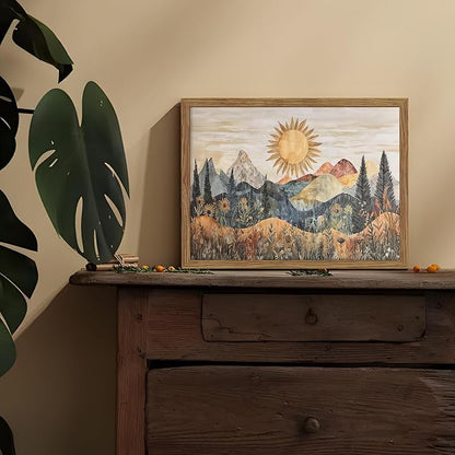Framed Boho Sun Canvas Wall Art, Modern Abstract Mountain Landscape Painting - Image 4