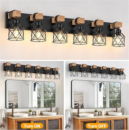 FadimiKoo 6-Light Farmhouse Bathroom Lighting Fixtures, Wood Black Vanity - Image 4