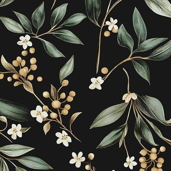 Black Green Floral Peel and Stick Wallpaper, 17.5" x 197" Vintage Dark Green by VOLEAARWALLPAPER