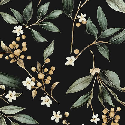 Black Green Floral Peel and Stick Wallpaper, 17.5" x 197" Vintage Dark Green by VOLEAARWALLPAPER