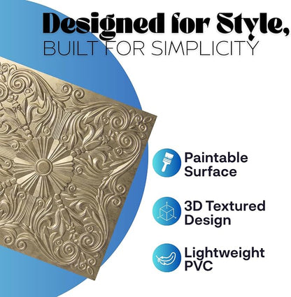 Art3d 12-Pack PVC Drop Ceiling Tiles, 2ft x 2ft, Floral Gold - Image 3