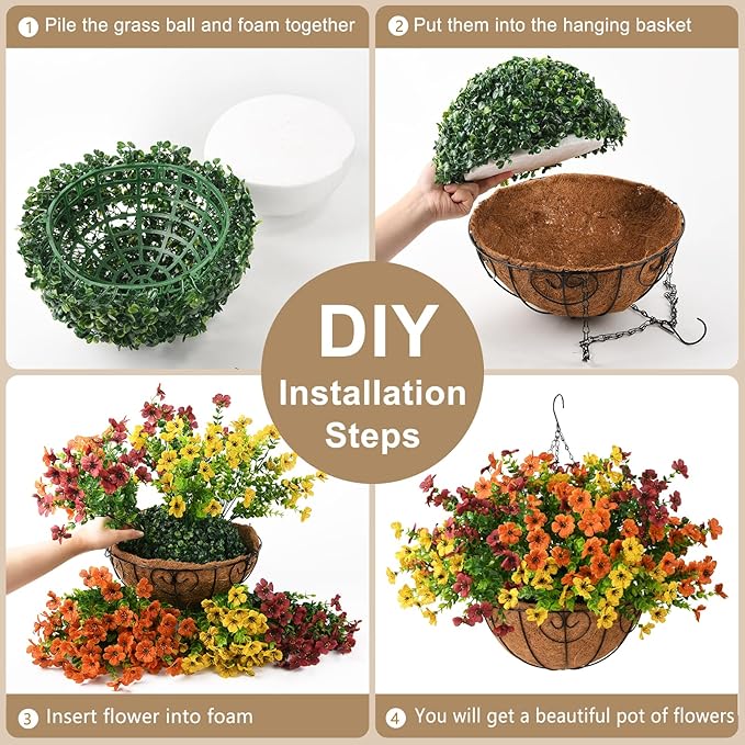 Artificial Fake Hanging Plants Flowers Basket, Faux Silk Daisy in Planter Realistic UV Resistant for Outside Home Patio Balcony Yard Spring Outdoor Decoration (Orange Brown Yellow)