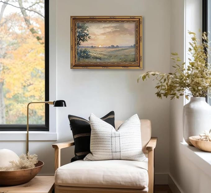 Vintage Gold Framed Wall Art Retro Fall Sunset Country Oil Painting Canvas - Image 7