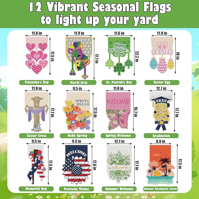 12 Set Seasonal Garden Flags 8 Modes Solar LED Double Sided 12 x 18 Inch Small Yard Flag Outdoor Lighted Spring Summer Easter Graduation Memorial Day Garden Decor for All Seasons, 12 Styles