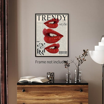 jkahh Trendy Y2k Newspaper Wall Art Vintage Red Lips Kiss Prints Poster Fashion - Image 5