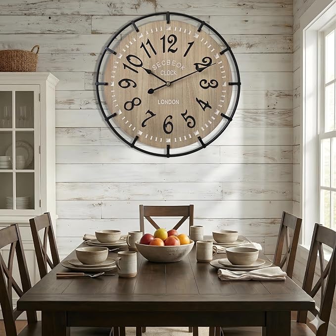 30 Inch Oversized Farmhouse Wall Clock, Metal Rustic Wood - Image 3
