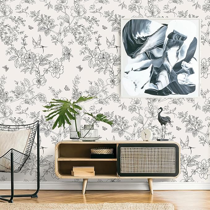 Froluya Black and Cream White Floral Wallpaper Peel and Stick Wallpaper - Image 7