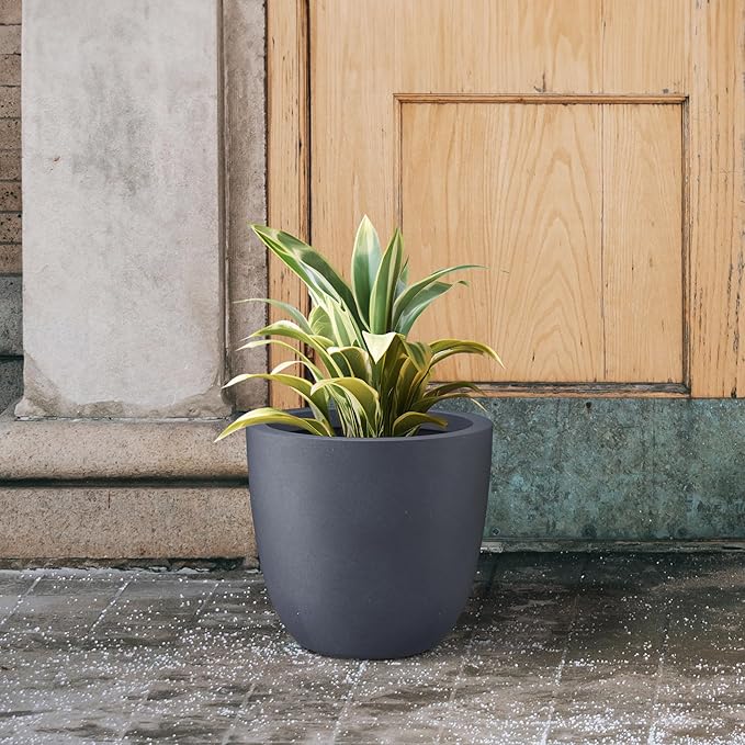 Kante 14 Inch Dia Round Concrete Planter, Indoor Outdoor Large Plant Pot with Drainage Hole and Rubber Plug for Home Patio Garden, Charcoal