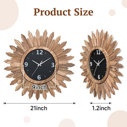 Honiway Large Wall Clock Battery Operated 21 in Rustic Wood Boho Sunburst - Image 2