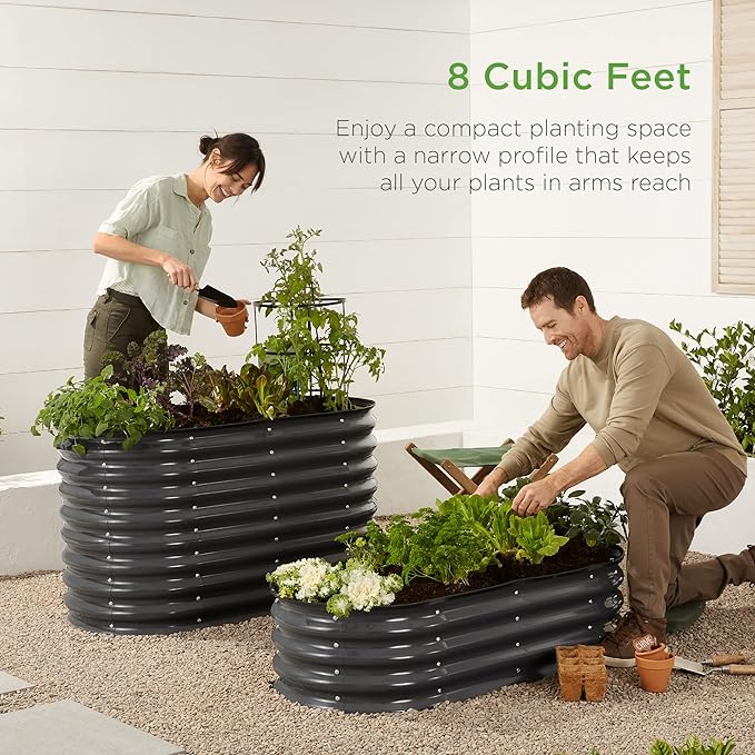 Best Choice Products 4x2x1ft Outdoor Metal Raised Garden Bed, Oval Deep Root Planter Box for Vegetables, Flowers, Herbs, and Succulents w/ 51 Gallon Capacity, Rubber Edge Guard - Charcoal