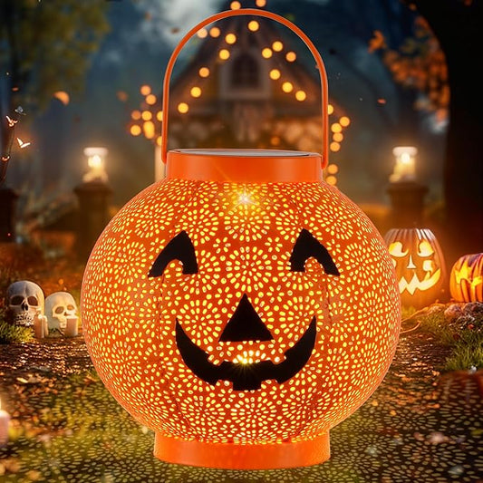 Halloween Decoration Hanging Solar Lantern Outdoor - Solar Powered Pumpkin Led Jack-O Lights, Waterproof Halloween Decor Metal Round Lantern for Yard, Patio, Pathway, Porch, Lawn, Garden, Outside