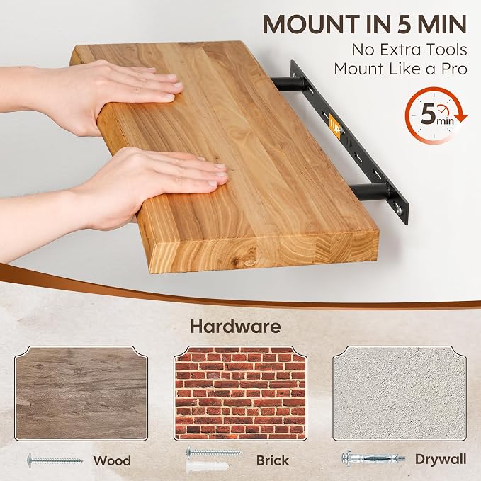 Live Edge Floating Shelf 55 Inch Extra Long | Solid Rustic Elm Wood - Image 5