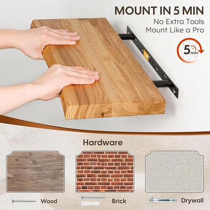 Live Edge Floating Shelf 55 Inch Extra Long | Solid Rustic Elm Wood - Image 5
