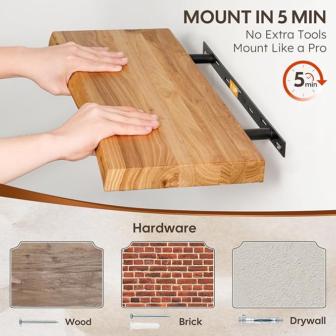 Floating Shelves Set of 2, Solid Elm Wood Wall Shelves 32 Inch - Image 6