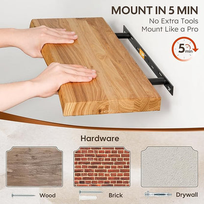 Floating Shelves Set of 2, Solid Elm Wood Wall Shelves 32 Inch - Image 6