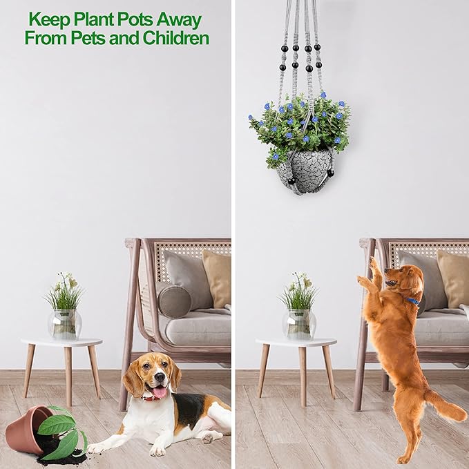 RIFNY Macrame Plant Hanger for 5 to 10 Inch Plant Pots, 35 Inch Indoor Handmade Woven Rope Hanger Kits with Hooks and Wood Beads, Hanging Planter Basket Holder for Boho Home Decor (Grey, 3 Pack)