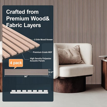 NeatiEase Wood Slat Wall Panels, 4-Piece 96" x 12.6", Soundproof Acoustic Wall - Image 2