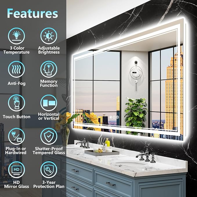 77x36 LED Bathroom Mirror with Lights, Backlit and Front Lit Anti-Fog Lighted - Image 2