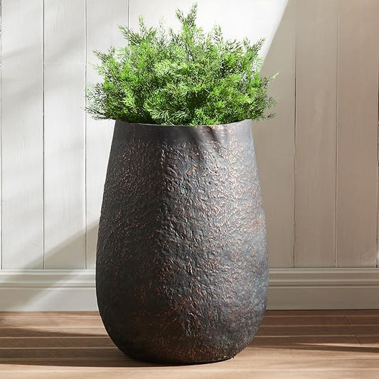 Weathered Concrete 19.7 Inch Tall Planter, Large Decorative Flower Pot with Drainage Hole, Round Plant Container for Home, Garden, Patio, Courtyard, A Dusting of Bronze Rust with Green Tone, 1 Pack