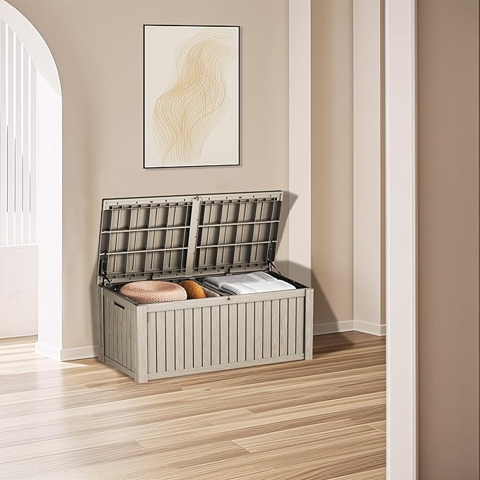 200 Gallon Outdoor Storage Bench Waterproof - Resin Deck Storage Chest for Patio & Pool, Lockable Outdoor Storage Box for Cushions & Tools, UV-Resistant, Granite Grey