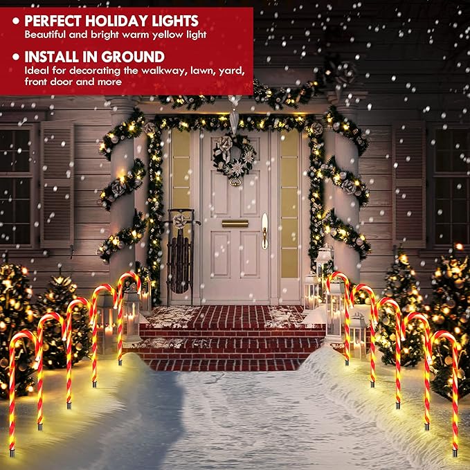 WeGuard 10PK Christmas Candy Cane Pathway Lights Outdoor Decorations 21" 8 Lighting Modes Flashing Waterproof Outdoor Lighted Christmas Decor for Garden Yard (Red)