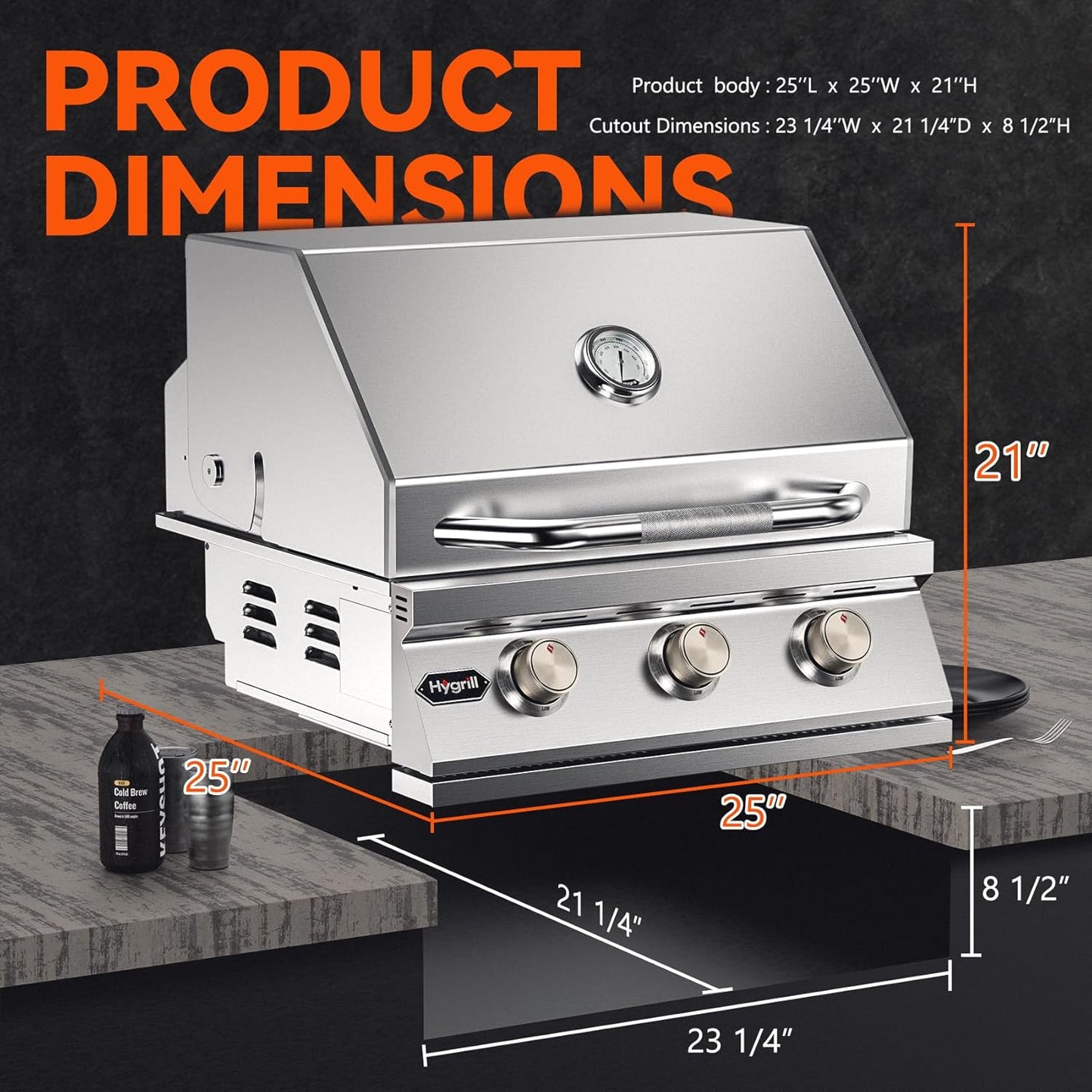 Hygrill Heavy Duty 3-Burner Built In Grill, Stainless Steel Grill Head for Outdoor Kitchen, Liquid Propane