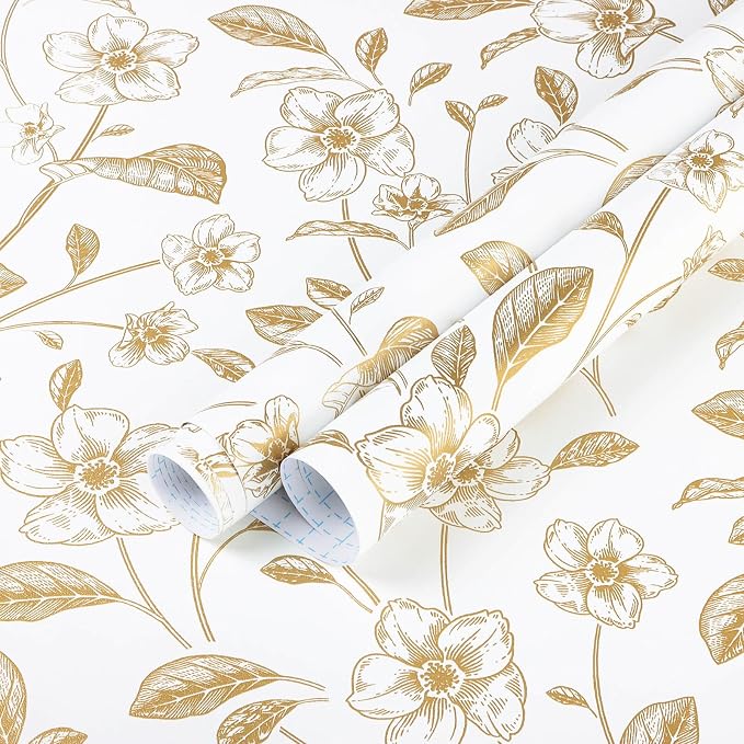 Heroad Floral Wallpaper Peel and Stick White and Gold Contact Paper Boho Peel by HeroadBrand
