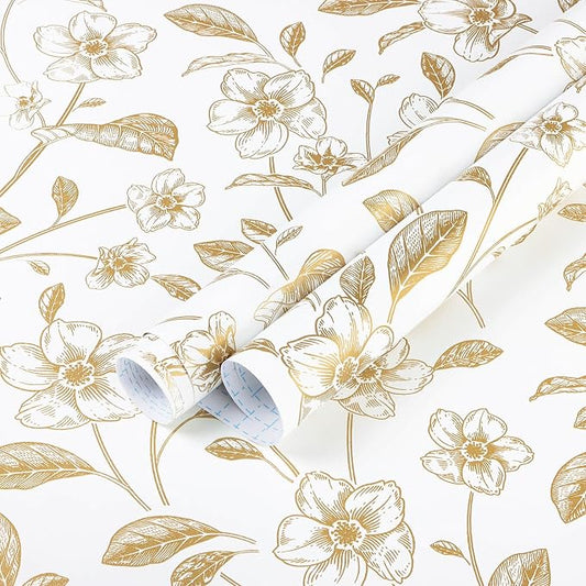 Heroad Floral Wallpaper Peel and Stick White and Gold Contact Paper Boho Peel by HeroadBrand