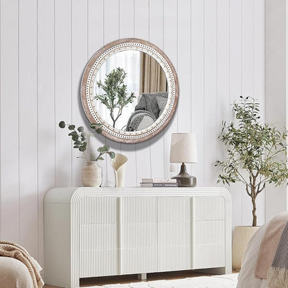 Reflinto 30 Inch Rustic Farmhouse Round Wood Mirror Wall Decor, Boho Circle - Image 7