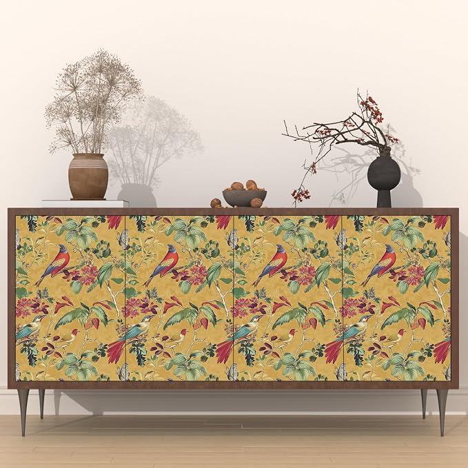 Yellow Boho Wallpaper Peel and Stick, Vintage Floral Bird Contact Paper - Image 2