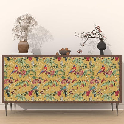 Yellow Boho Wallpaper Peel and Stick, Vintage Floral Bird Contact Paper - Image 2