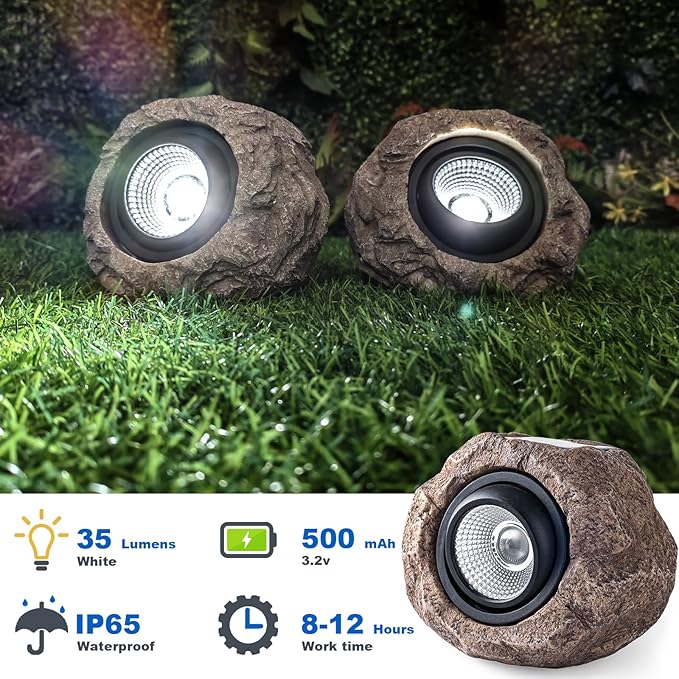 2 Pack Solar Rock Lights, Outdoor Decorative Garden Spotlights for Pathway, Walkway, Yard, Landscape, Patio