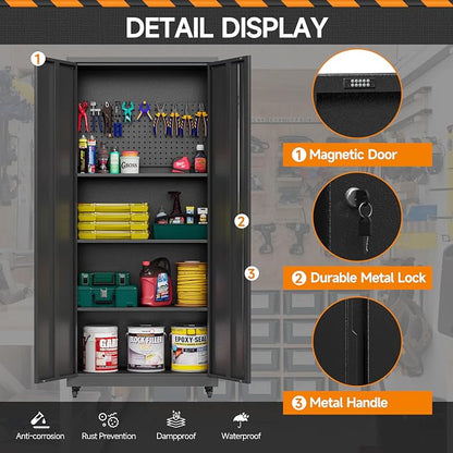 Garage Storage Cabinet with Wheels, Metal Storage Cabinet with 2 Doors and - Image 7