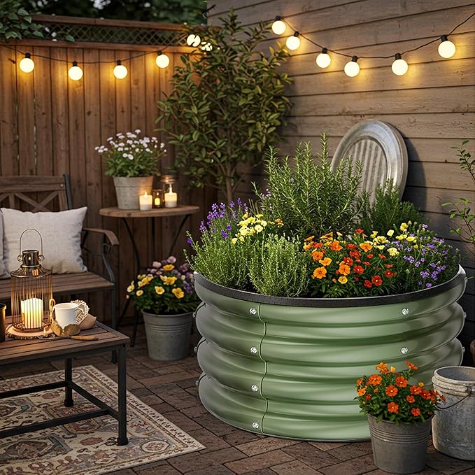 ZXZYHFTY Round Galvanized Raised Garden Bed kit,Green Outdoor Garden Raised Planter Box, Round Large Metal Raised Garden Beds for Vegetable 2 * 2 * 1ft 1 Pack