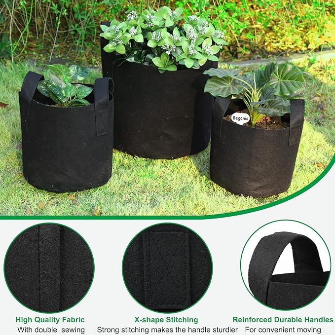 JERIA 12-Pack 25 Gallon, Vegetable/Flower/Plant Grow Bags, Aeration Fabric Pots with Handles (Black), Come with 12 Pcs Plant Labels