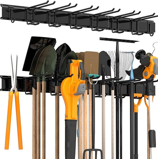 Storaboks Heavy Duty Garage Storage Rack System, Wall Mounted Tool Organizer with 8 Double Hooks, 3 Rails, Garden Yard Tools Hanger for Ski Gears, Broom, Rake, Shovel