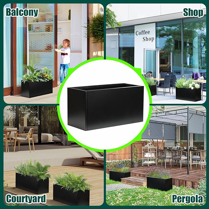 Galvanized Steel Metal Planter Rectangular Indoor Black Planter Box Large Outdoor Planters Steel 25" Lx 11" W x 13" H Commercial Residential for Patio, Deck, Garden
