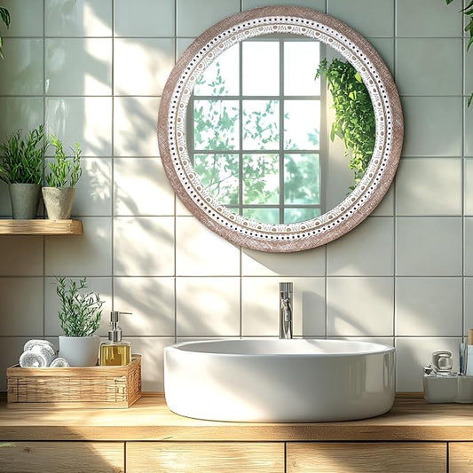 Reflinto 24 Inch Boho Wooden Round Mirror - Image 2