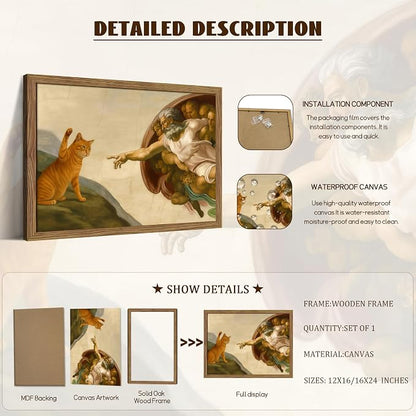 Framed Vintage Cat Canvas Wall Art, Funny Orange Cat Parody Classic Masterpiece - Image 5