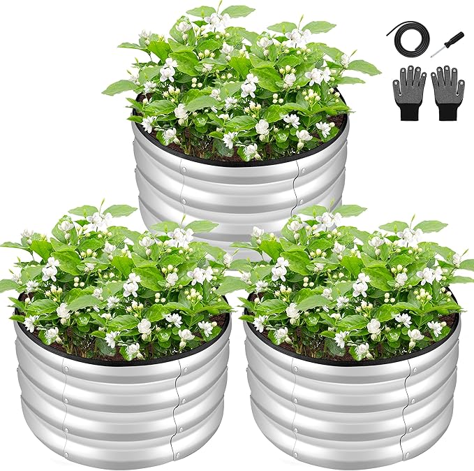 ZXZYHFTY Round Galvanized Raised Garden Bed kit,Silver Outdoor Garden Raised Planter Box, Round Large Metal Raised Garden Beds for Vegetable 2 * 2 * 1ft 3 Pcs